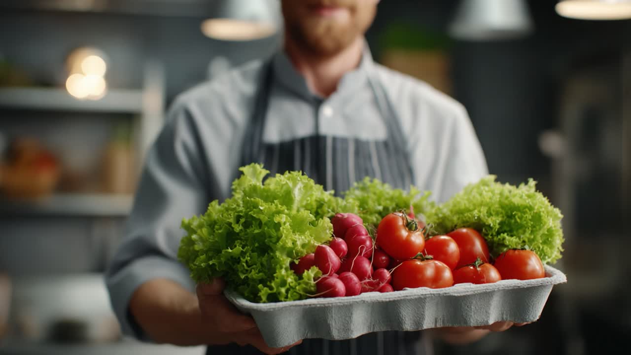 A Fresh Display of Vibrant Vegetables: A Person Holding an Abundant Tray Filled with Crisp Lettuce, Juicy Tomatoes, and Bright Radishes in a Modern Kitchen Setting