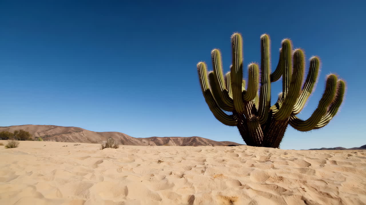 Large cactus in a desert landscape under a clear blue sky