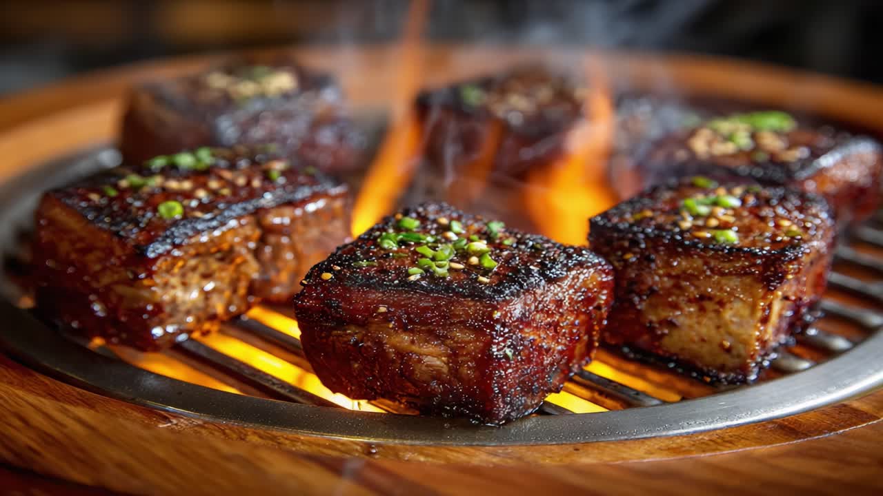 Kubus daging panggang yang lezat dan menggugah selera dengan lapisan luar yang terpanggang sempurna, dimasak di atas api terbuka, menampilkan glasir yang menggugah selera dan hiasan segar.
