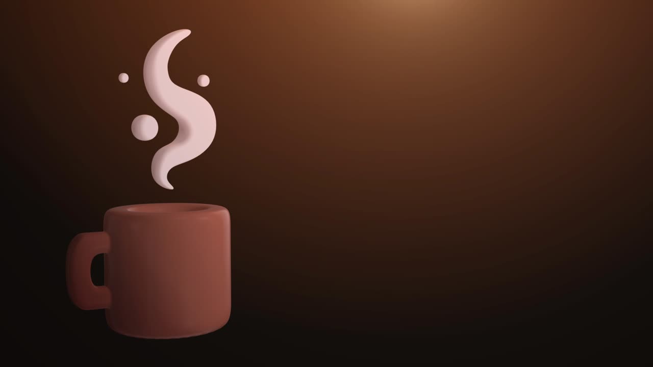 카은 커피 또는 차 컵을 회전시키고 색상 배경에 증기를 고립합니다. 스타일화 된 루프 모션 요소. 밝은 현대 미니멀 3d 애니메이션.