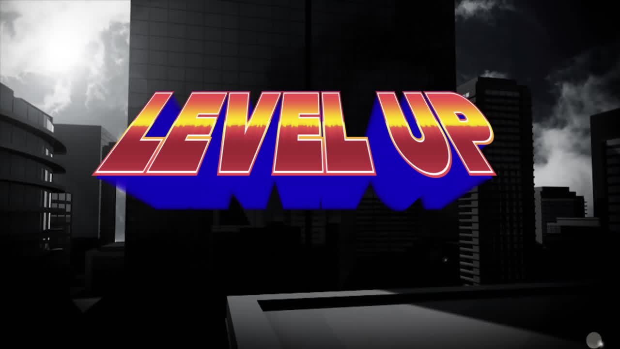 animación de texto de nivel en letras rojas y amarillas sobre el paisaje urbano