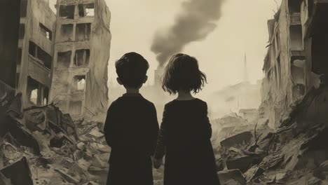 children in a war-torn city