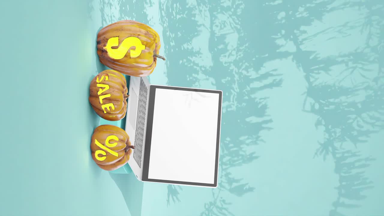 할로윈 수직 판매 배너,  ⁇  화면의 노트북, 나무 그림자의 파란색 배경