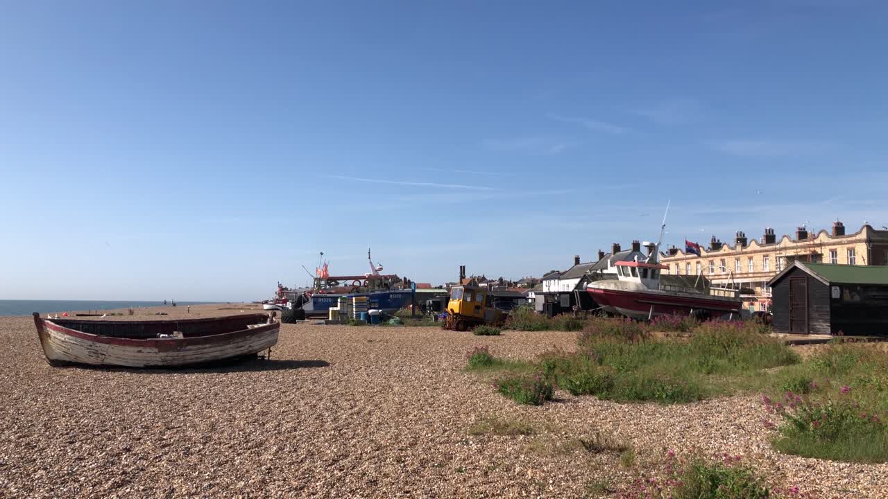 Aldeburgh beach on a sunny morning in June. Aldeburgh, Suffolk, UK