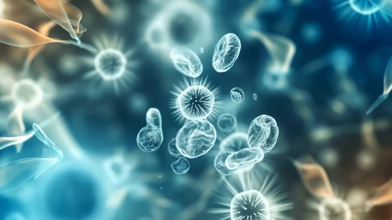 Doorschijnende celachtige organismen en stekelige microbiële vormen zweven over een zacht blauwgroene abstracte achtergrond, met wazige deeltjes en een lichtgevende centrale