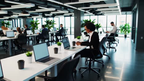 business professionals collaborating in a modern open-plan office