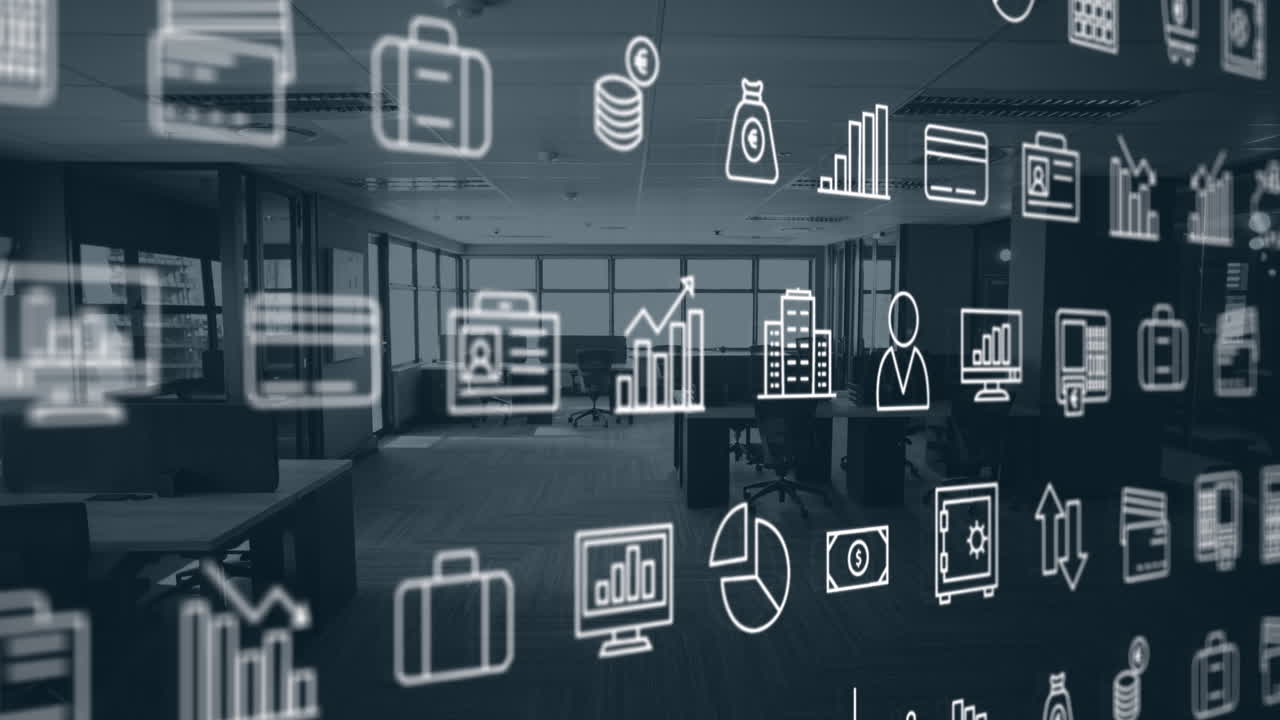 animación de múltiples iconos digitales que se mueven contra la oficina vacía.