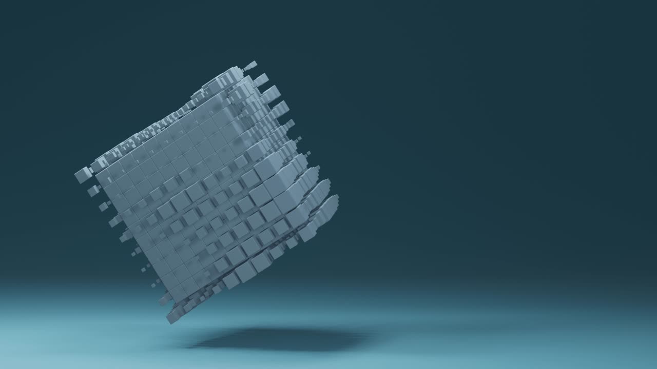 Small boxes floating around a spinning white cube. Minimalist abstract background with copy space. Futuristic style. 3D loop animation