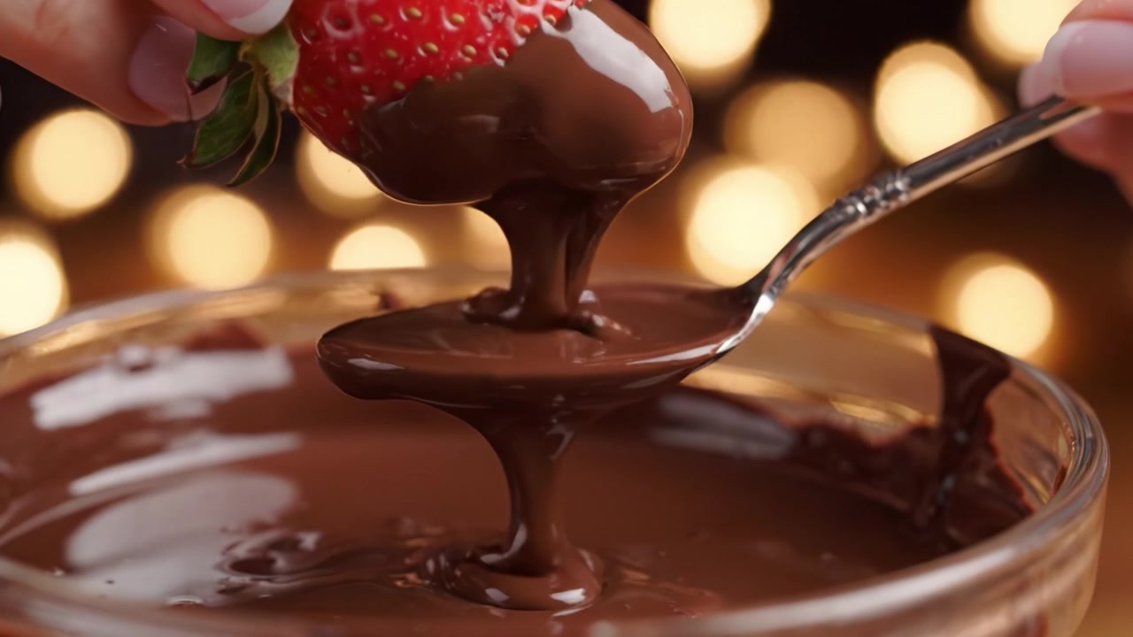 Un'Indulgenza Decadente: Fragole Immerse nel Cioccolato Ricco e Vellutato con Sfondo Bokeh Scintillante