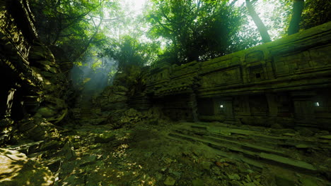 ancient cambodian ruins enveloped by lush jungle greenery in daylight