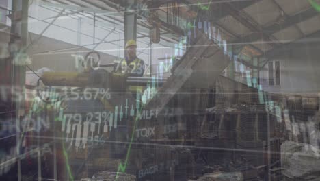 animation of financial data processing and statistics over man working in factory