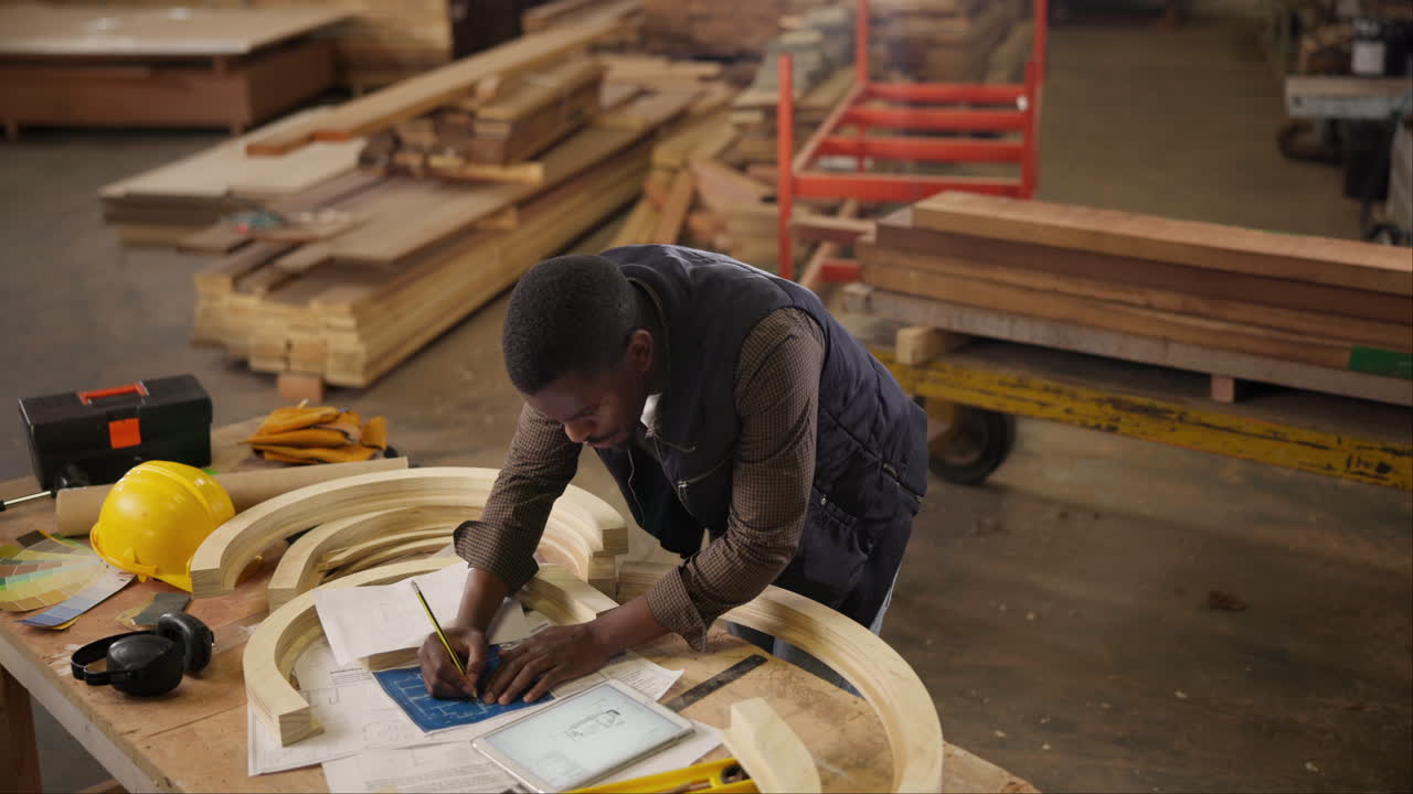 Carpenter working on a blueprint in a woodshop
