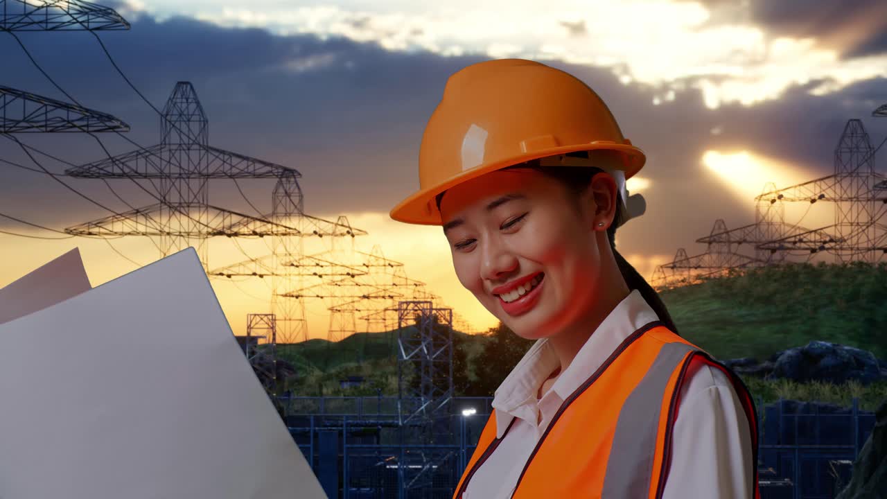 Close Up Side View Of Asian Female Engineer With Safety Helmet Looking At Blueprint In Her Hands While Standing Near High Voltage Tower