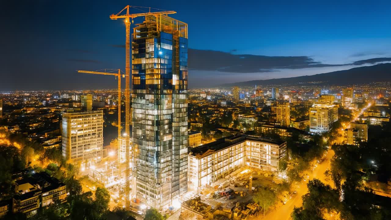 Impresionante transformación: Del día al anochecer, una imponente maravilla arquitectónica emerge en medio de un vibrante paisaje urbano en construcción.