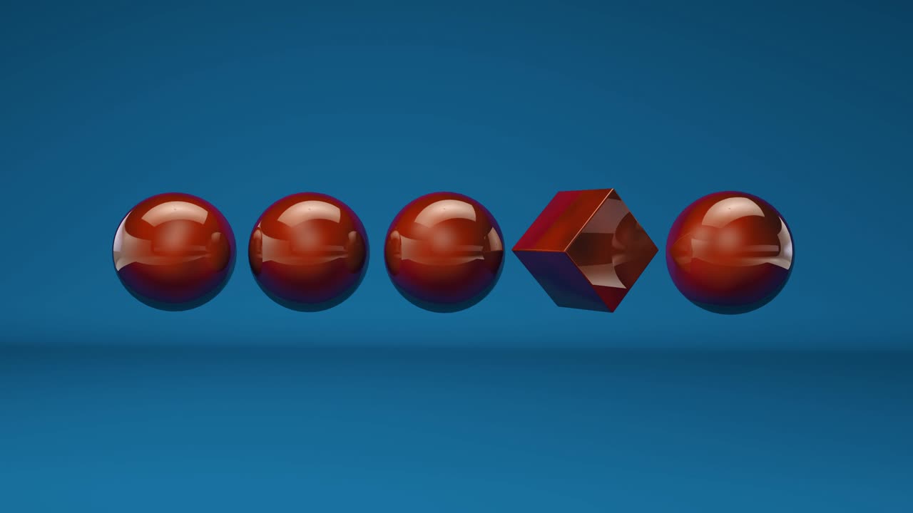 animación 3d de bolas rojas y un cubo en un fondo azul. animación 4k abstracta, renderización 3d.