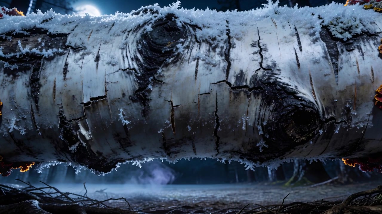 Moonlight illuminating birch log in nighttime forest, frost sparkling, fog drifting beneath roots