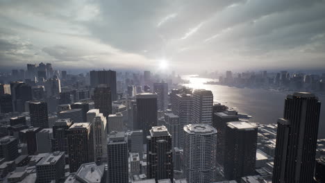 skyline aerial view at sunset with skyscrapers