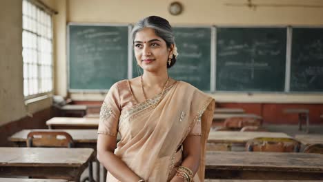 indian teacher wearing traditional sari clothing speaking and explaining to students in a classroom with a blackboard full of writings and formulas