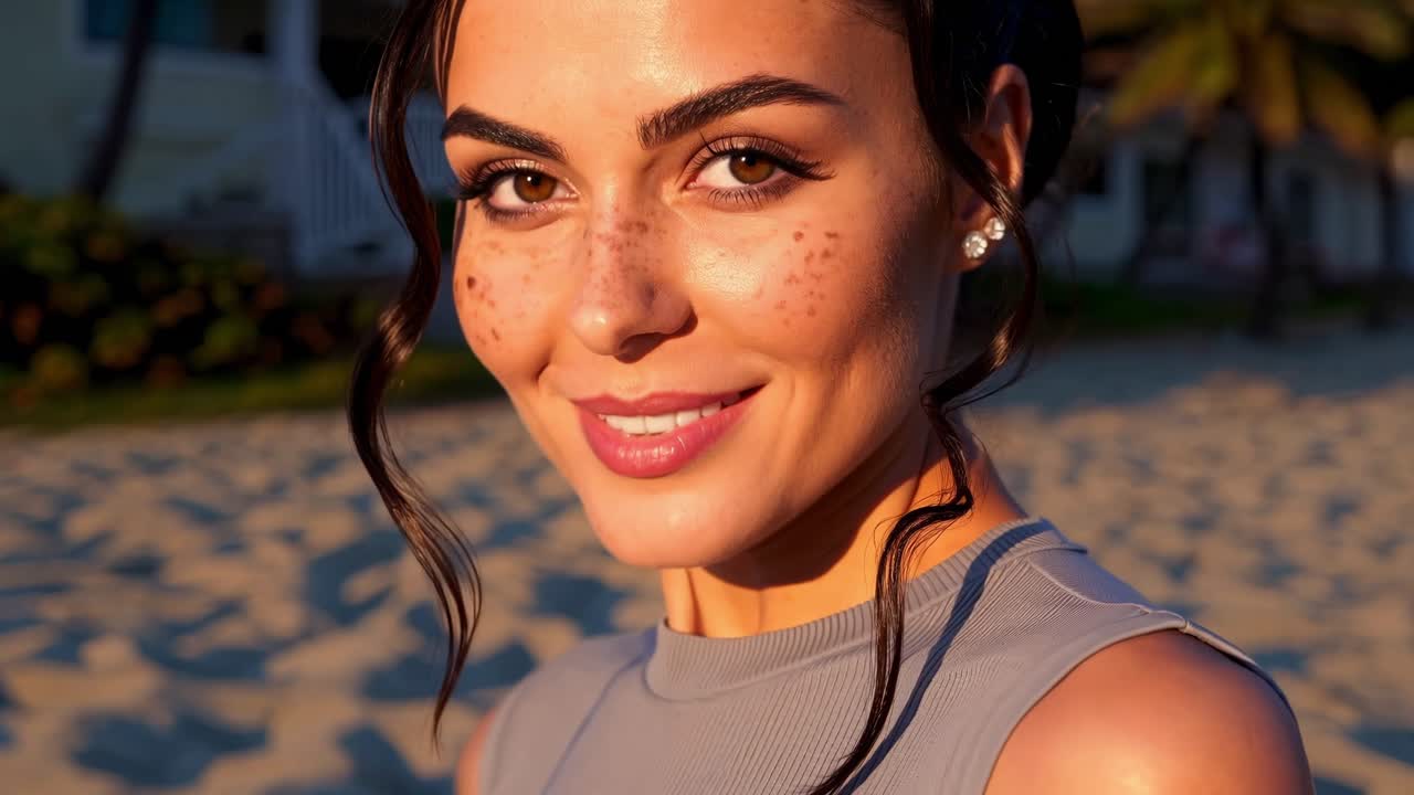 Beautiful young woman with freckles smiling on a beach during sunset, wearing a light blue top and earrings, with her hair styled in soft waves