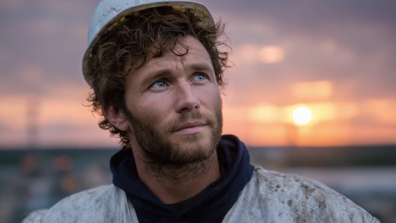 A thoughtful worker gazes into the horizon during sunset, reflecting determination and resilience amidst the challenges of hard labor in a demanding environment