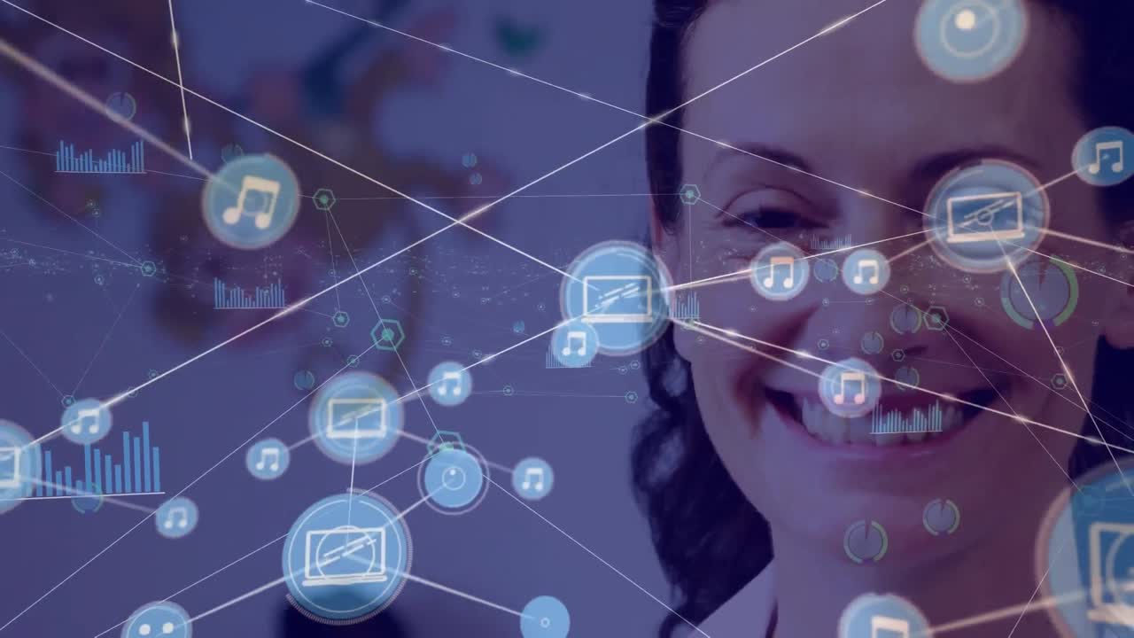 animación de la red de conexiones con iconos sobre la doctora caucásica