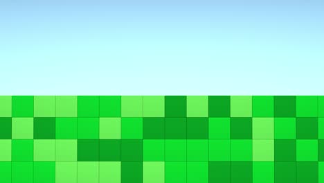 geometric mosaic waves pattern. construction of hills landscape using green grass blocks, blue sky. 3d animation loop of 4k