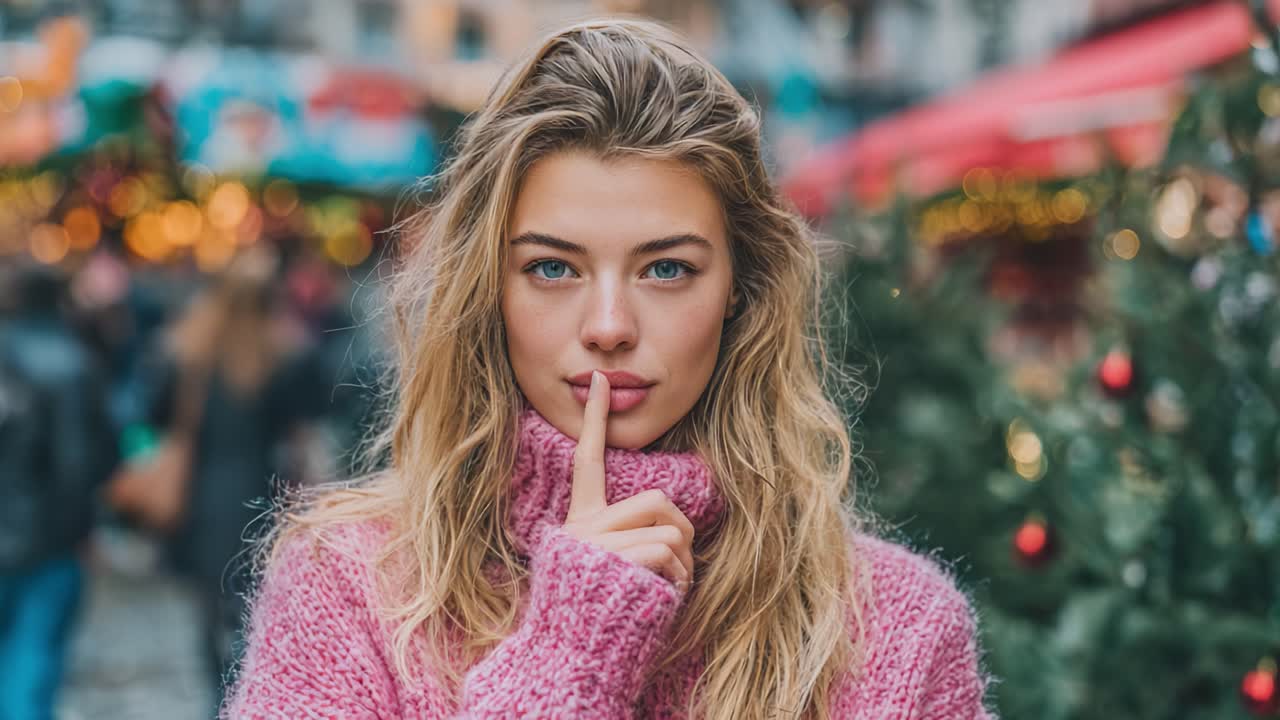 A Mysterious Woman in a Cozy Sweater Gestures for Silence Amidst a Festive Background, Capturing a Unique Moment During the Holiday Season