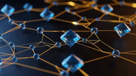 exploring the intricate structure of a futuristic network: a detailed close-up of interconnected blue crystals and golden lines in a digital space