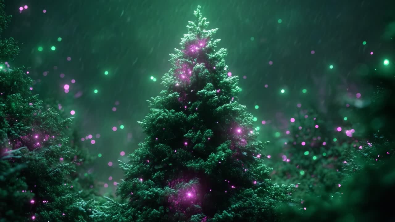 A Lush Evergreen Tree Adorned with Sparkling Colorful Lights Under a Rainy Night Sky, Creating a Magical Atmosphere of Holiday Cheer and Celebration