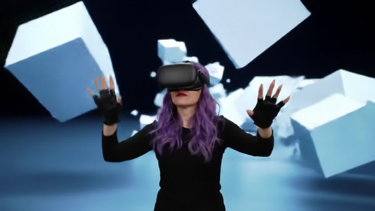 A person experiences a virtual reality session, using hand movements to interact with floating cubes in a dynamic and colorful setting. The technology creates an engaging and futuristic atmosphere.