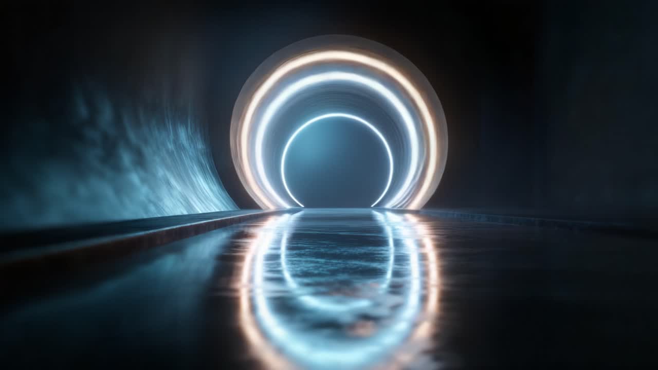 A Stunning Visual of a Glowing Tunnel with Futuristic Lighting and Reflective Surfaces, Capturing the Essence of Depth and Space in a Digital Environment