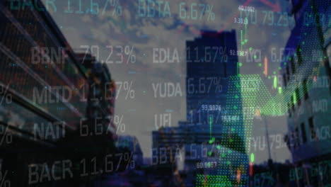 animación de datos financieros y gráficos sobre el paisaje urbano borroso