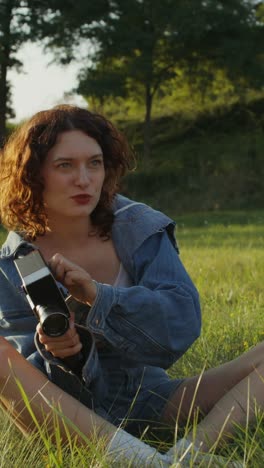 woman filming outdoors with vintage camera