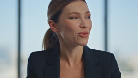 stylish teacher speaking web class closeup. attractive businesswoman video call