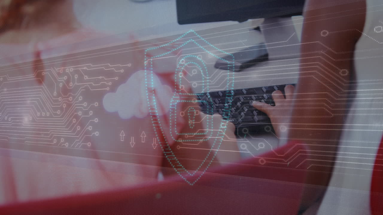 animación de candados y puntos que se conectan con líneas sobre estudiantes multirraciales usando computadoras