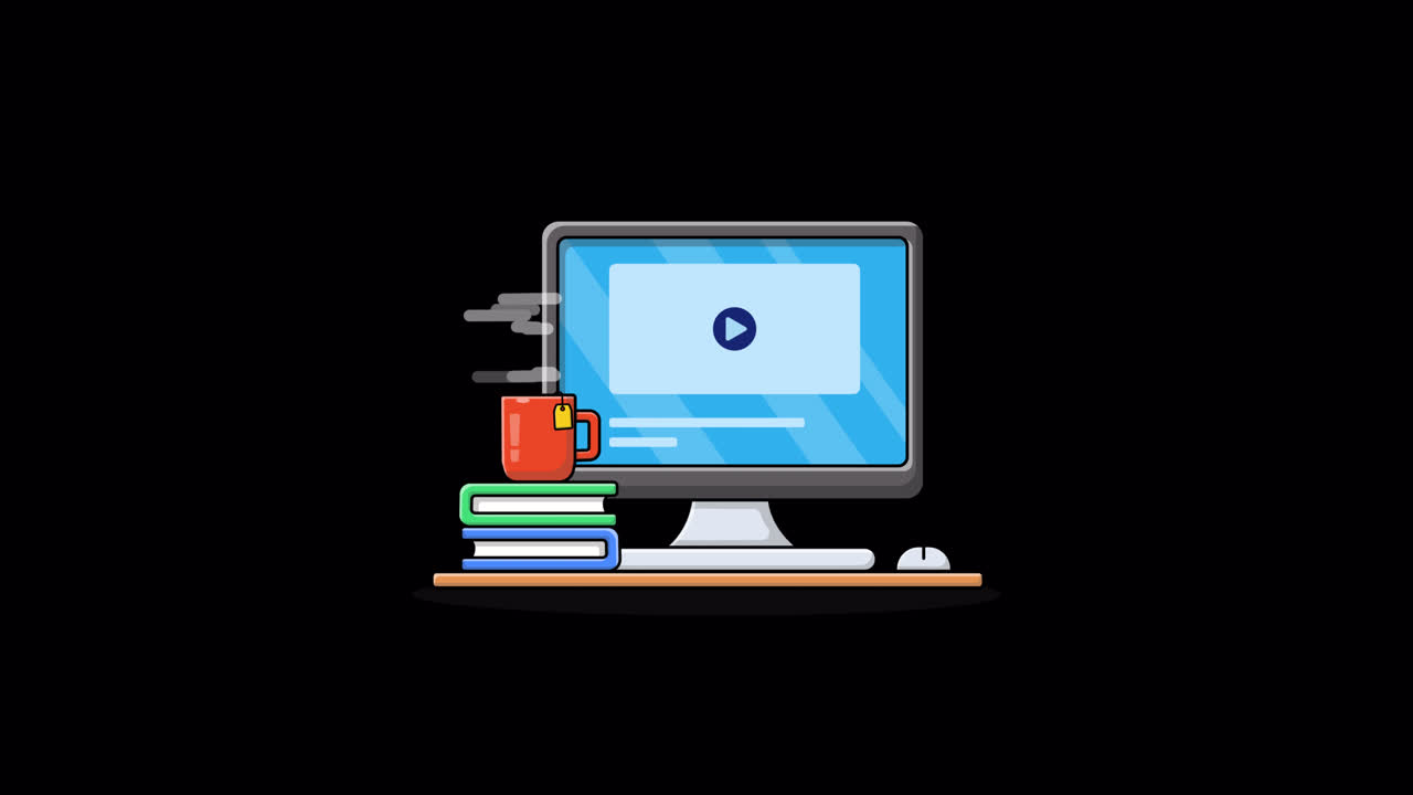 Animated Desktop Computer Setup with Books and Steaming Mug