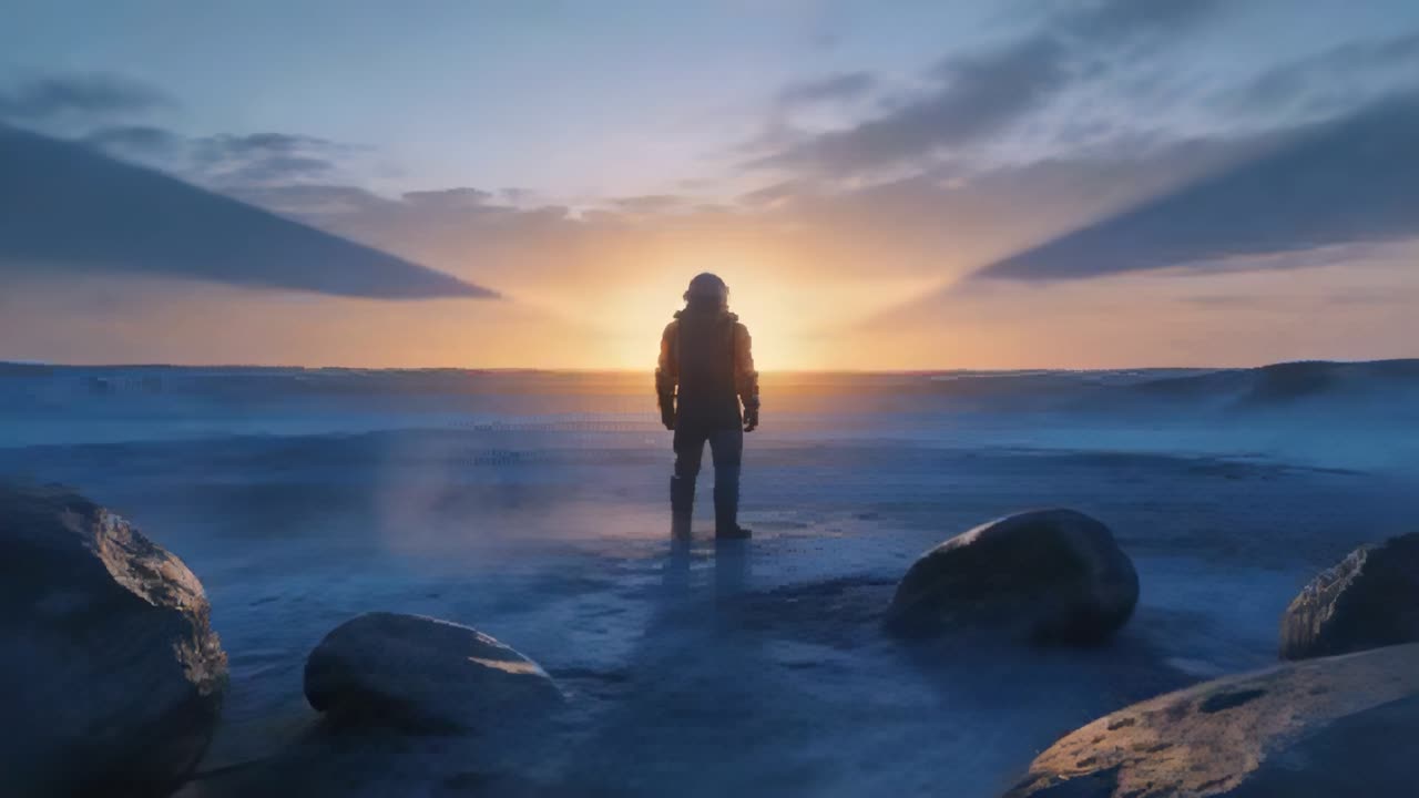 Standing lone explorer watching sun rising over frozen shoreline, with helmet, insulated suit, mist