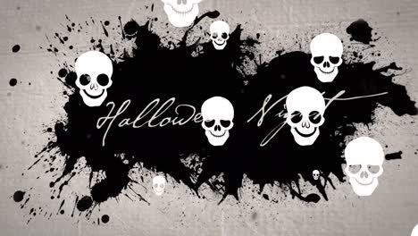 Animation-of-halloween-night-and-floating-skulls-over-ink-stain-on-beige-background