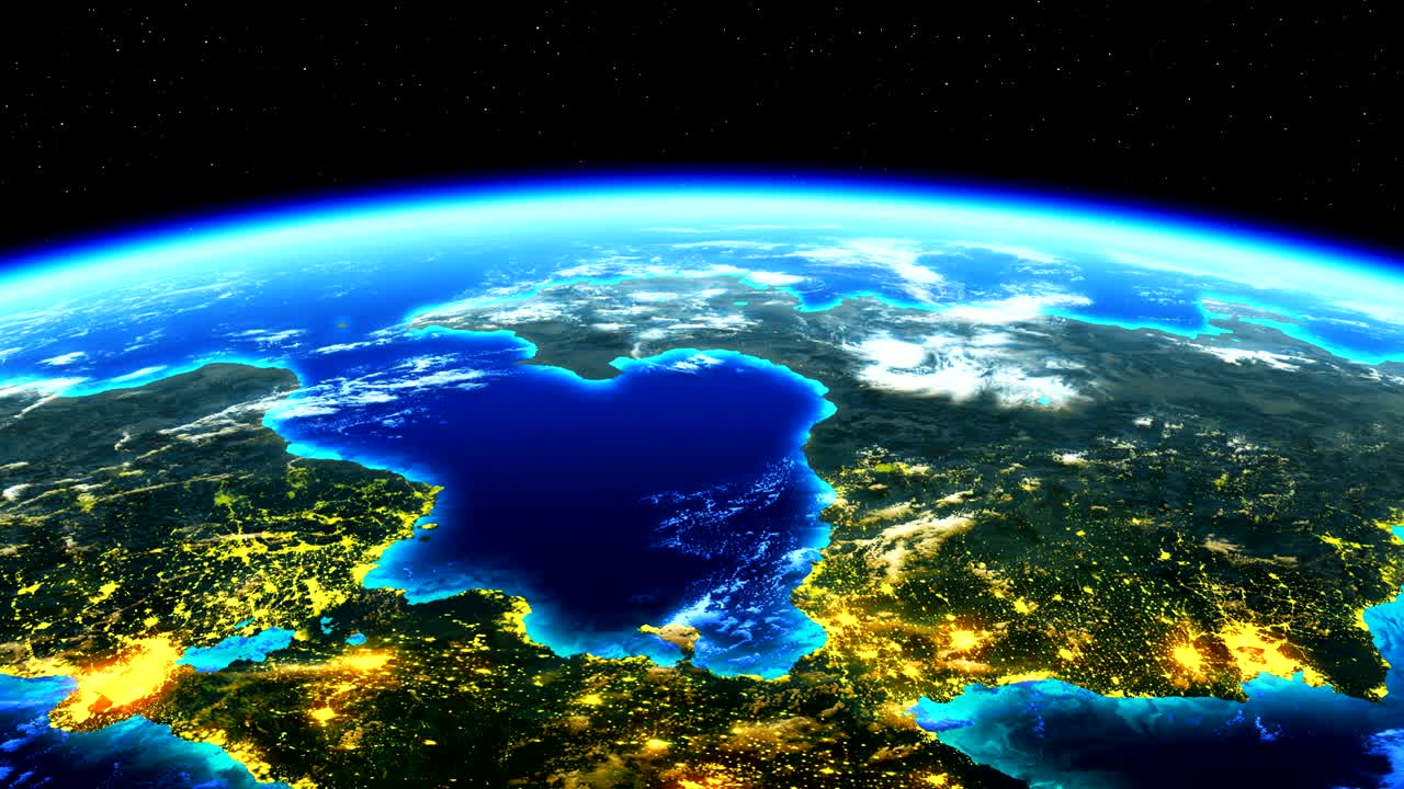 도시들의 반이는 불빛과 함께 지구 행성의 놀라운 전망.