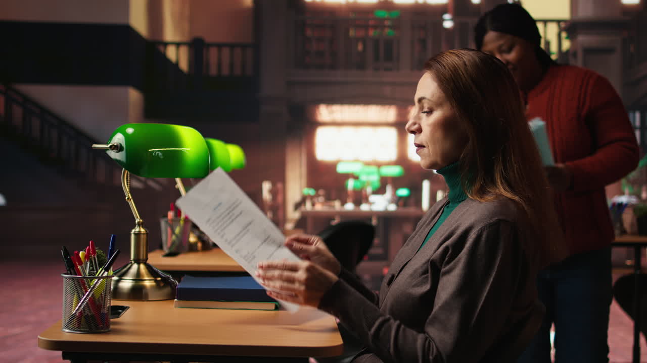 Woman reading a document in a library