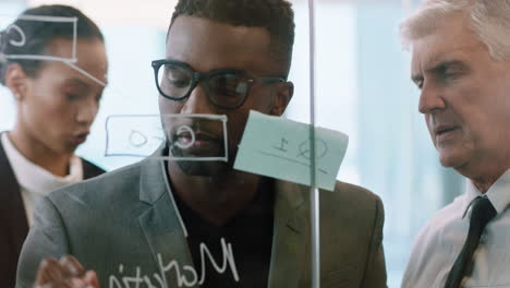 diverse-business-people-using-sticky-notes-african-american-team-leader-man-brainstorming-with-colleagues-working-on-solution-discussing-strategy-writing-on-glass-whiteboard-in-office-meeting-4k