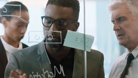 diverse business people using sticky notes african american team leader man brainstorming with colleagues working on solution discussing strategy writing on glass whiteboard in office meeting 4k