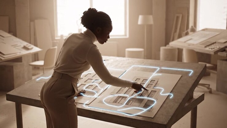 A focused architect reviews intricate building blueprints, exploring creative designs in a soft, ambient workspace illuminated by natural light and enhancing innovation.