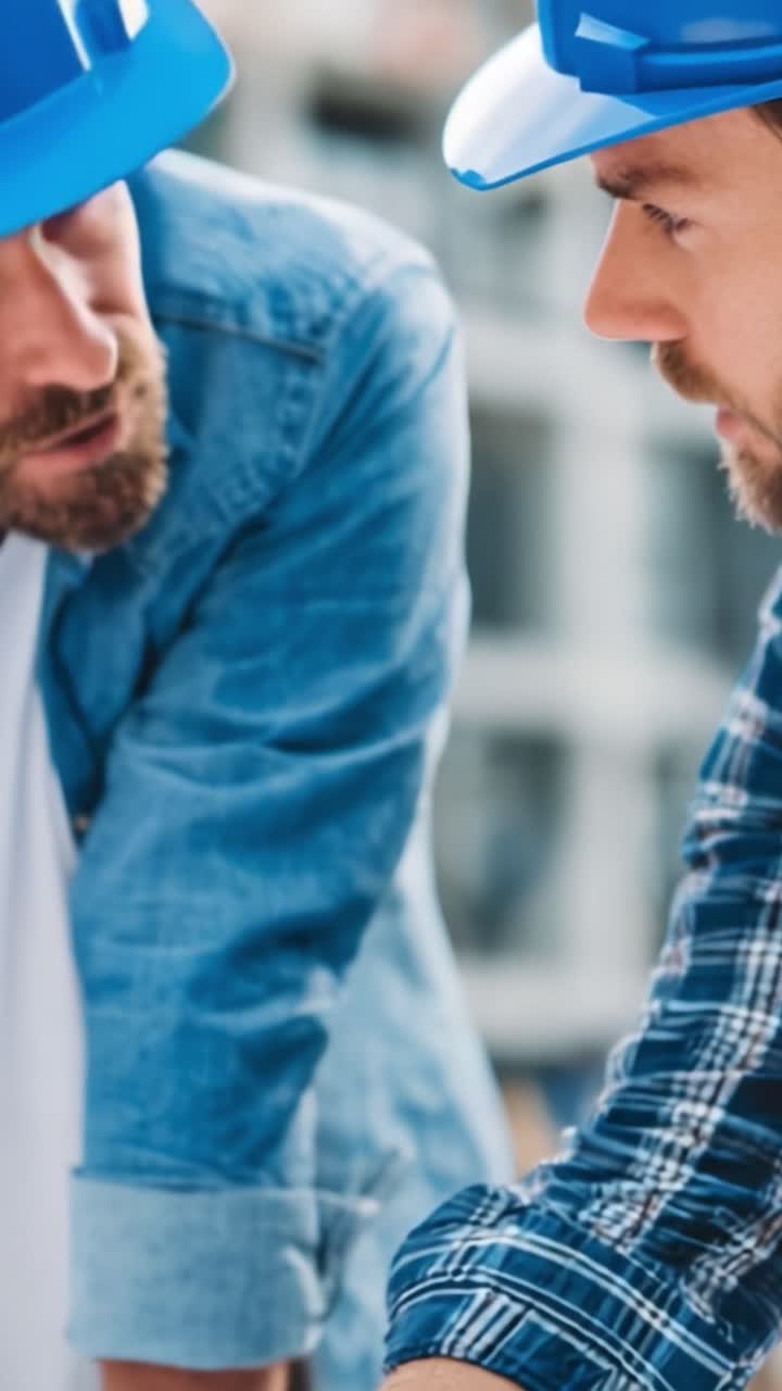 Two Construction Workers Discussing Plans at a Worksite, Wearing Protective Helmets and Focusing on Project Details for Effective Collaboration