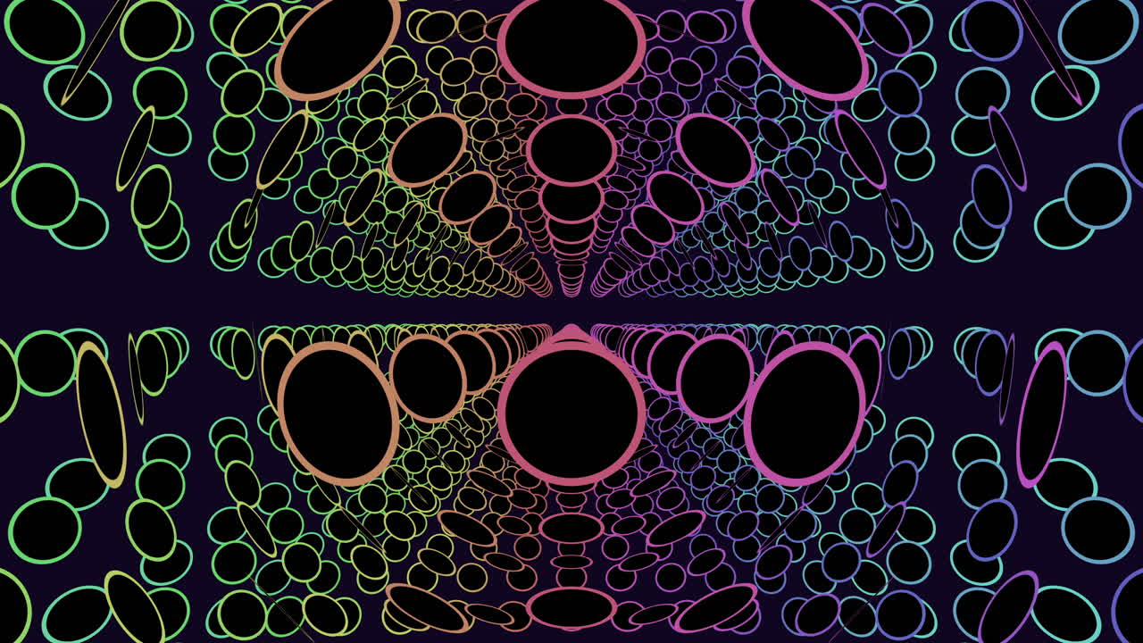 Sfondo astratto a tunnel con anelli al neon e cerchi colorati in movimento nello spazio 3D.