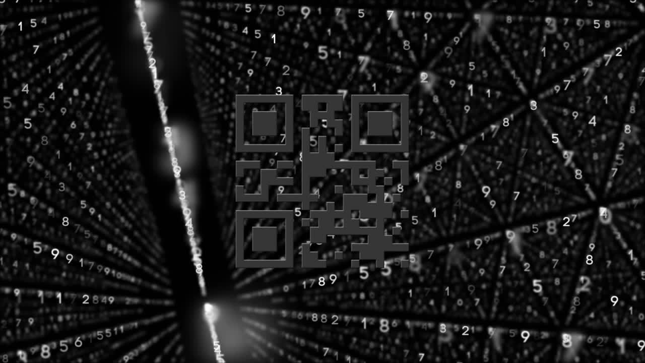 animación digital de código qr verde neón brillante contra filas de números cambiantes en fondo negro