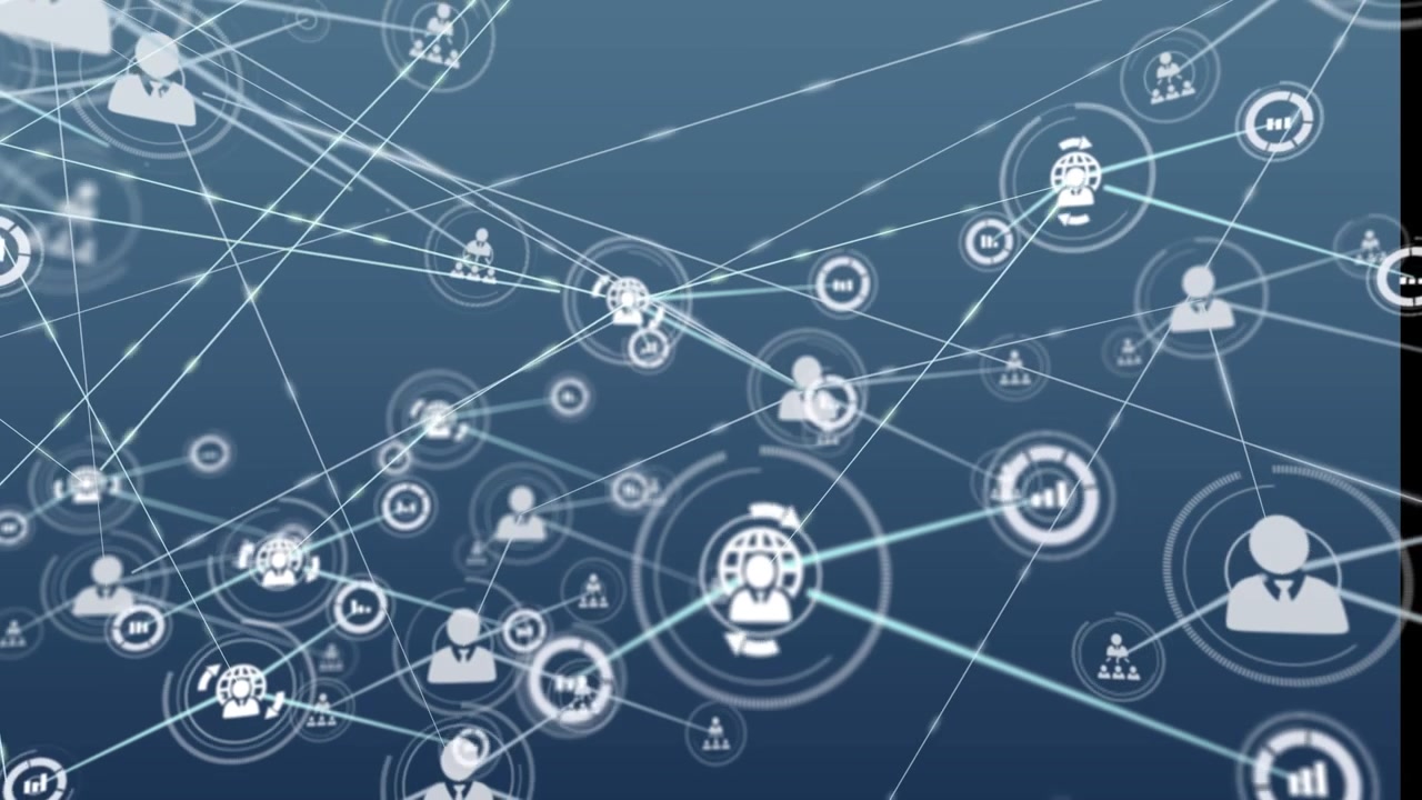 Animation of network of digital icons against blue background