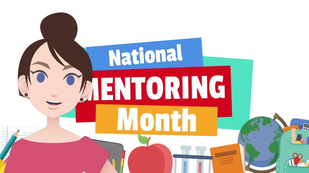 국가 멘토링 월의 텍스트와 학교 아이콘에 대해 이야기하는 여성의 애니메이션