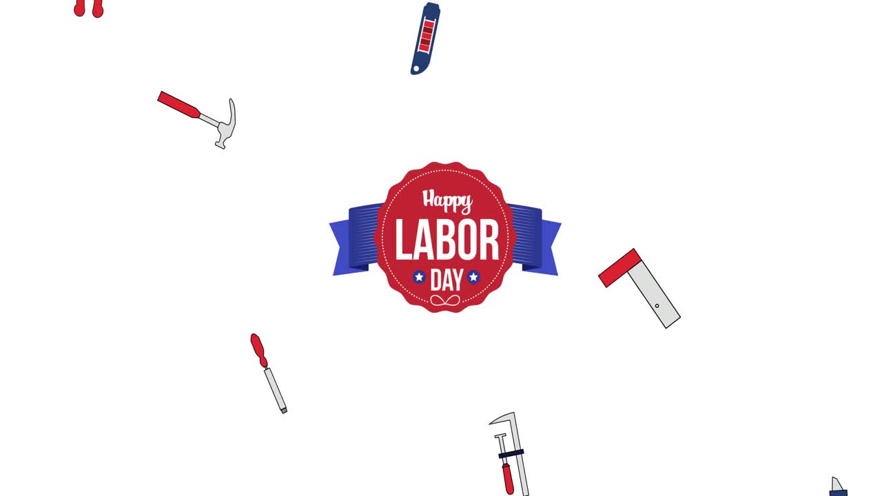 Animation du texte de la Fête du Travail sur des outils qui tombent sur fond blanc