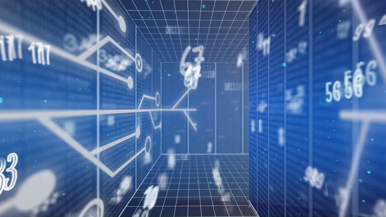 컴퓨터 서버를 통해 숫자, 데이터 처리 및 회로판의 애니메이션